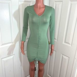 Mint green stretch long sleeve drawstring dress